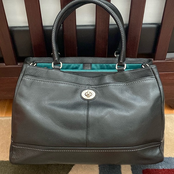 Coach Handbags - Women's Coach Black Pebble Park Leather Turn-lock Carryall Tote Bag Purse